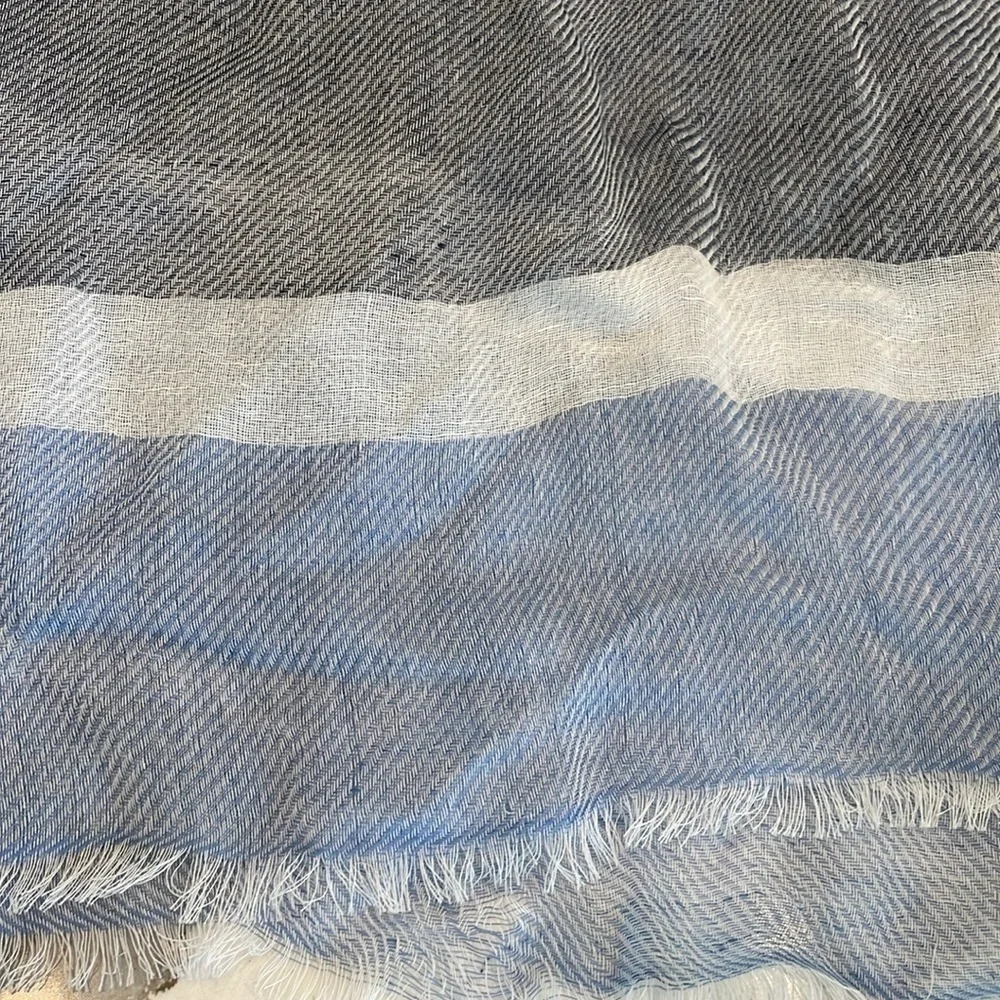 Blue and White Striped Eyelash Trim Oversized Scarf